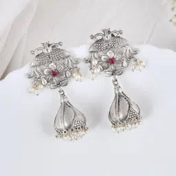 DASTOOR Silver-Plated Stone-Studded & Beaded Silver Diamond Shaped Oxidised Jhumkas-picture-10