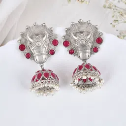 DASTOOR Gold Plated Stone Studded & Beaded Contemporary Oxidised Jhumkas-picture-34
