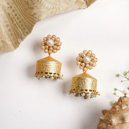 TEEJH Gold-Plated White Beaded Dome Shaped Jhumkas Earrings-picture-26