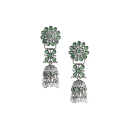 Shining Jewel - By Shivansh Silver-Plated Cubic Zirconia Floral Shaped Jhumkas-image-18