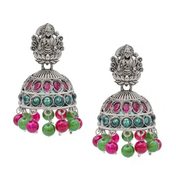 Shining Jewel - By Shivansh Silver-Plated Artificial Beads Oxidised Jhumkas Earrings-image-75