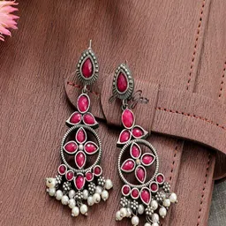 UNIVERSITY TRENDZ Oxidised Silver-Plated Stones Studded & Beaded Drop Earrings-image-58