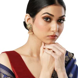 Anouk Gold-Toned Brass-Plated Stone-Studded & Beaded Floral Jhumkas-picture-28