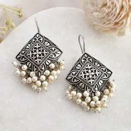 DASTOOR Silver Plated Oxidised Contemporary Drop Earrings image 1