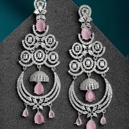ZENEME Pink & White Silver-Plated American Diamond Studded Chandelier Earrings-picture-21