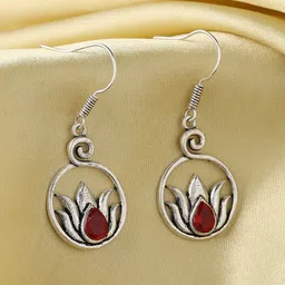 kashwini Silver-Plated Red Stone Studded Contemporary Drop Earrings-picture-11
