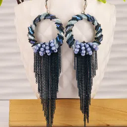 Designs By Jewels Galaxy Women Teal Rhodium-Plated Tasselled Contemporary Drop Earrings-image-67