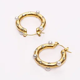 PALMONAS 18KT Gold Plated Stainless Steel Pearl Studded Hoop Earrings-picture-16