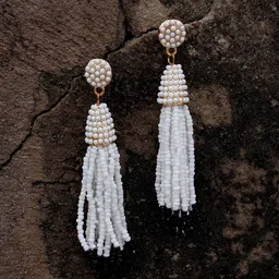 Bellofox Gold-Toned & White Beaded Tasselled Drop Earrings image 1