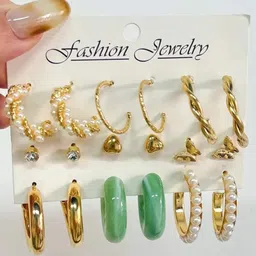 KARATCART Set Of 9 Gold-Plated Stone Studded Contemporary Hoop & Studs Earrings-picture-22