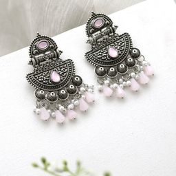 TEEJH Silver-Plated Contemporary Oxidised Drop Earrings-picture-1
