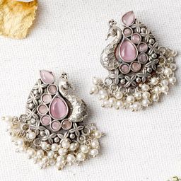 TEEJH Silver-Plated Peacock Shaped Studs Earrings-picture-0