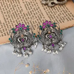 TEEJH Silver Plated Contemporary Oxidised Drop Earrings-picture-42