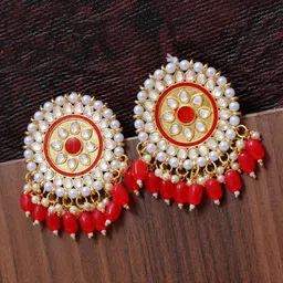 Crunchy Fashion Red & Gold-Toned & Plated Kundan & Pearl Studded Studs Earrings-picture-27