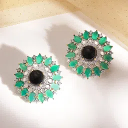 Rubans Premium Rhodium Plated Black & Green Gemstone and CZ Studded Sunflower Stud Earrings image 2