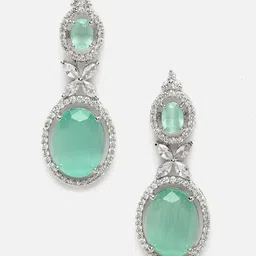 ZENEME Rhodium-Plated American Diamond Studded Oval Shaped Drop Earrings image 2