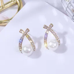 BEYTER Korean Artificial Stones Studded & Perarls Beaded Contemporary Shaped Drop Earrings image 3