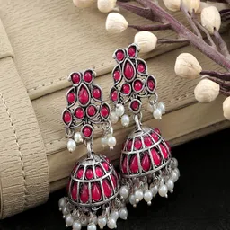 UNIVERSITY TRENDZ Silver-Plated Crystal-Studded Classic Jhumkas image 3