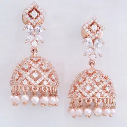 Kushal's Fashion Jewellery Rose Gold Plated Dome Shaped Zircon Jhumkas image 2