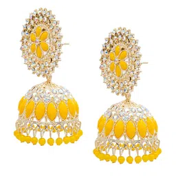 Shining Jewel - By Shivansh Gold-Plated Cubic Zirconia Studded & Beaded Jhumkas image 2