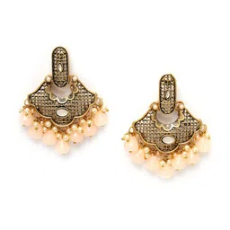 ADIVA Gold-Plated Pearl Studded Antique Classic Drop Earrings image 3