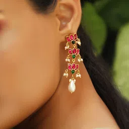 Unniyarcha Silver Gold Plated Kundan Studded & Pearls Lotus Bloom Drop Earrings-picture-32