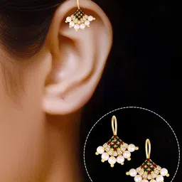 Vighnaharta Gold-Plated Stone-Studded & Pearls Bugadi Earrings image 3