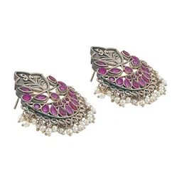 TEEJH Silver-Plated Stone-Studded Oxidised Studs Earrings image 3