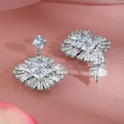 Rubans Rhodium-Plated Cubic Zirconia Studded Contemporary Drop Earrings image 2