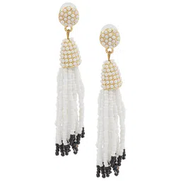 Bellofox Gold-Toned & White Beaded Tasselled Drop Earrings image 3