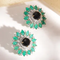 Rubans Premium Rhodium Plated Black & Green Gemstone and CZ Studded Sunflower Stud Earrings image 4