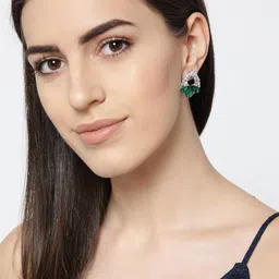 DressBerry Silver-Plated And Green Artificial Stones Contemporary Studs Earrings image 1