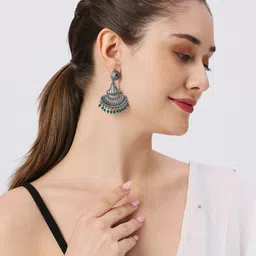 OOMPH Stone Studded & Beaded Oxidised Drop Earrings image 5
