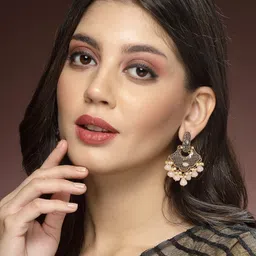 ADIVA Gold-Plated Pearl Studded Antique Classic Drop Earrings image 4