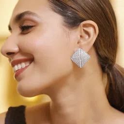 Rubans Women Rhodium Plated CZ Stone Studded Diamond Shape Stud Earrings-picture-15