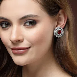 KARATCART Silver-Plated Cubic Zirconia Studded Floral Stud Earrings image 4