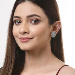 Kennice Silver Plated AD Studded Floral Studs Earrings image 3
