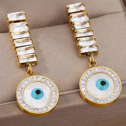 KRYSTALZ Stainless Steel Gold Plated Cubic Zirconia Studded Evil Eyes Drop Earrings image 5