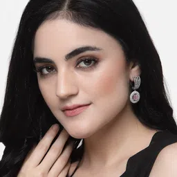 ZENEME Rhodium-Plated American Diamond Oval Shaped Drop Earrings image 4