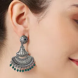 OOMPH Stone Studded & Beaded Oxidised Drop Earrings image 1