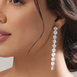 Rubans Rhodium Plated  in Silver Toned Zirconia Studded Contemporary Long  Drop Earrings-picture-49