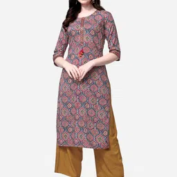 KALINI Women Grey & Pink Ethnic Motifs Printed Mirror Work Kurta image 1
