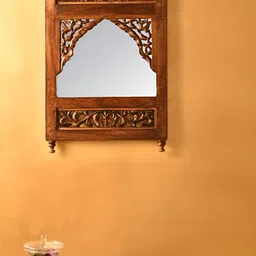 JAYPORE Brown Textured Wooden & Glass Wall Mirror-image-3