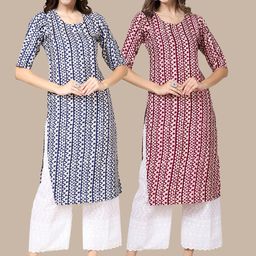 7threads KALINI Women Pack of 2 Blue & Maroon Geometric Printed Crepe Kurta-picture-25