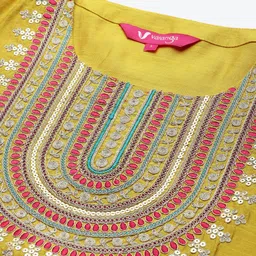 Varanga Women Mustard Yellow & Pink Embroidered Kurta with Trousers & Dupatta image 2