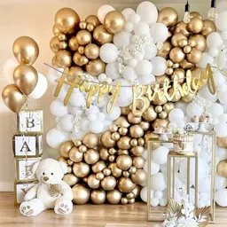 White Gold Balloons, Cursive Happy Birthday Decoration Kit With Arch Pack Of 50-image-30