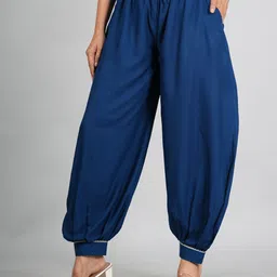 Women Comfort Fit Blue Viscose Rayon Trousers-image-4