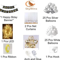 skywins White Silver Happy Birthday Decoration Combo Kit With Banner Chrome Balloons image 2