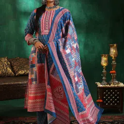 Libas Floral Printed Mirror Work Linen Kurta With Trousers & Dupatta image 3