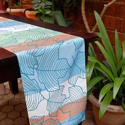 ZEBA White & Blue Abstract Leaf Printed 6-Seater Table Runner-picture-36
